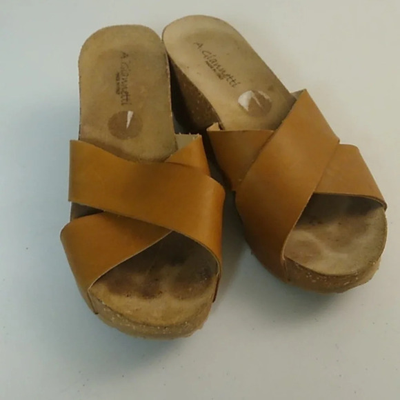 A. Giannetti Italy Leather cross strap slides 3" cork heel platform wedgesandals - Picture 9 of 9